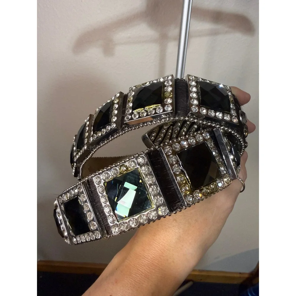 B.B. Simon BHW Black Pony Hair Crystal Studded Western Belt Silver Buckle 51in